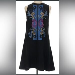 Tanya Taylor Black Mini Dress with Blue, Pink & Yellow Embroidered Panel
